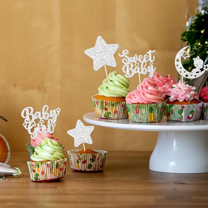 Gyufise 24Pcs Baby Shower Girl Cupcake Toppers with Moon Glitter Star Sweet Baby Gender Reveal Cupcake Picks Decorations for Baby Shower Kids Girls Birthday Party Supplies Silver
