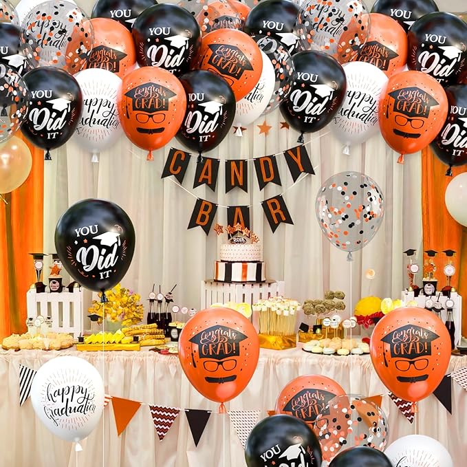 OuMuaMua 75 Pack Graduation Party Decorations Balloons Set - 12" Black White Orange Graduation Balloons Black Orange White Confetti Latex Baloons for Class of 2026 Grad Birthday Party Decor Supplies