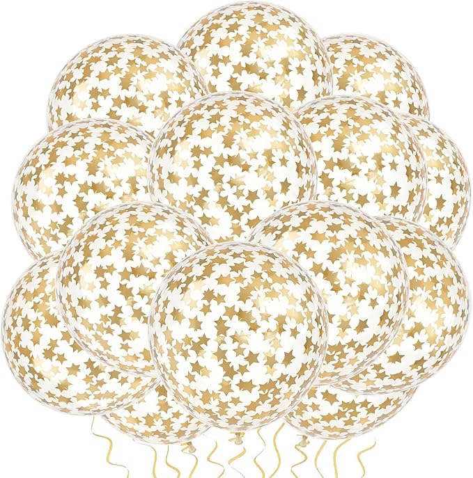 VHUWE 25 Pcs Champagne Gold Star Confetti Balloons, 12 Inch Clear Latex Balloon with Confetti Inside for Birthday Party Baby Shower Graduation Engagement Bridal Shower Decorations Supplies -Light Gold