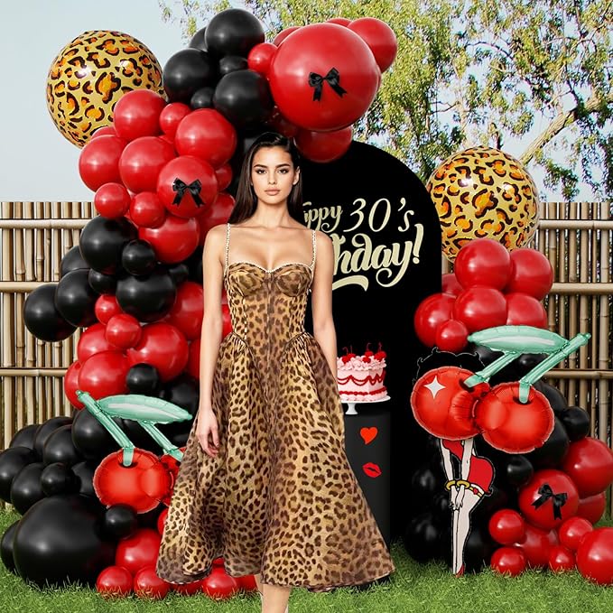 JOGAMS Betty Party Decorations,169Pcs Leopard Cheetah Print Party Decorations,Red Black Cherry Balloon Arch Kit with Ribbon Cherry Cheetah Balloons for Birthday Bachelorette Baby Shower Retro Party