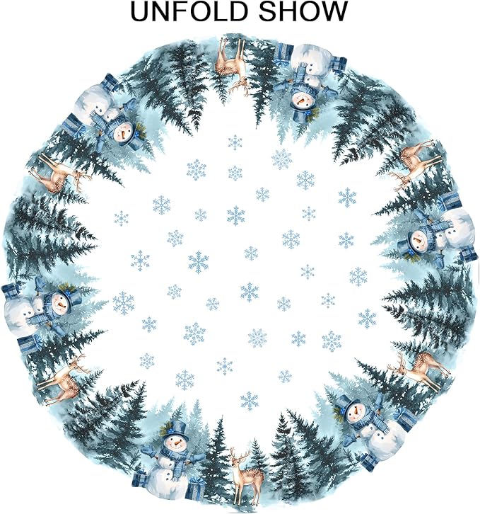 Christmas Reindeer Round Tablecloth Xmas Snowflake Pattern 70 Inch White Blue Table Cloth Winter Holiday Table Cover Washable Polyester Decor for Home Kitchen Dinning Party