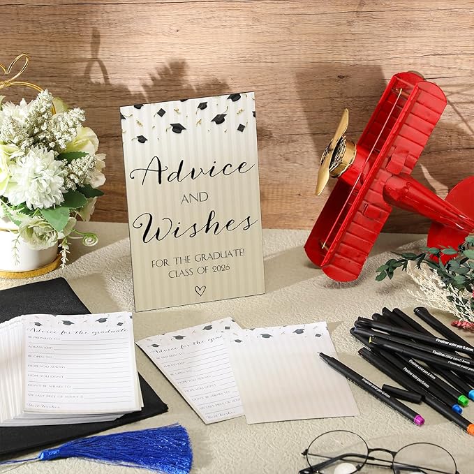 113 Pcs Class of 2026 Graduation Party Favors Include 1 Advice and Wishes Wooden Sign 100 Graduation Advice Cards with 12 Fineliner Ink Pens for The Graduate Class of 2026(Classic Color)