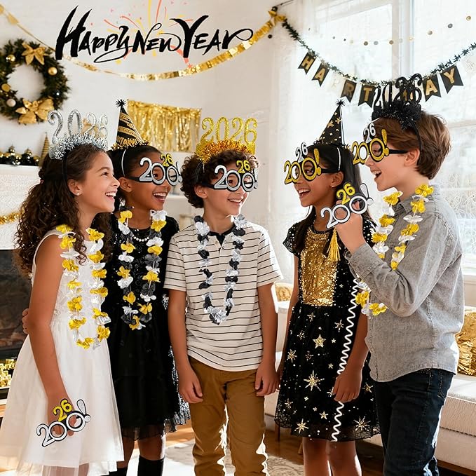 Atonofun New Years Eve Party Supplies 2026, 24 Pcs New Year Glasses Headband Tiara Leis 2026 New Year Party Eve Decorations for Kids Adults