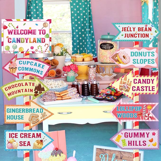20 Pieces Candyland Decorations Welcome to Candyland Signs Candy Party Decorations for Kids Girls Candy Land Themed Birthday Party Halloween Christmas Trunk or Treat Car Decorations