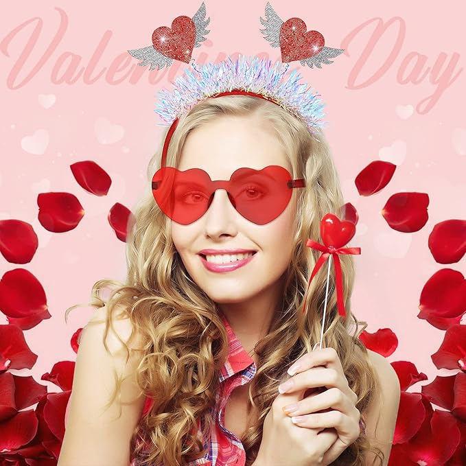 MTLEE 8 Pcs Valentines Day Heart Head Bopper Headband and Heart Sunglasses Bulk Valentines Photo Prop Galentines Party Favor