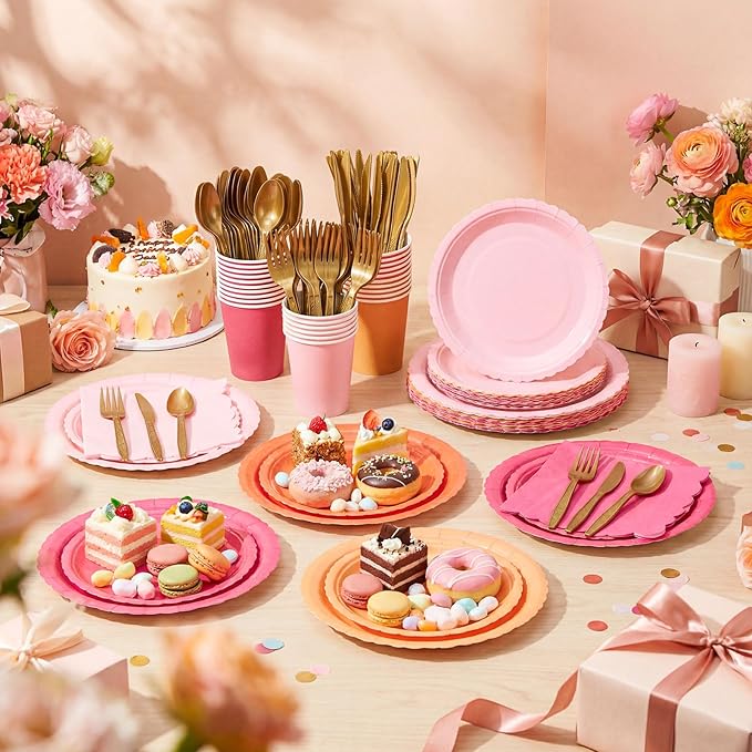 Zhehao 175 Pcs Pink and Orange Plates and Napkins Hot Pink Orange Party Disposable Tableware Kit with Plates, Cups, Napkins, Cutlery for Sunset Neon Baby Shower, Birthday, Wedding Party Supplies
