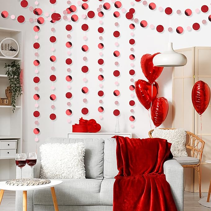 Outus 5 Pieces Red,Pink Round Dots Garland Easter Graduation Party Hanging Decor Each Length 13.1ft Glitter Paper Dot Streamers for Birthday Wedding Classroom