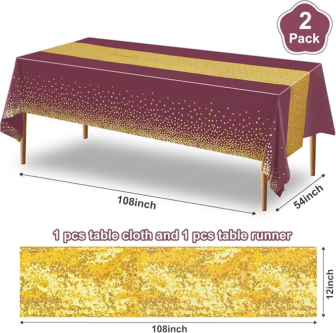 Irenare Tablecloth and Sequin Table Runner Set Polka Dots Confetti Table Cover Dining Plastic Tablecloths Glitter Decorations for Birthday Wedding Anniversary Party Supplies(Maroon, Gold,2 Pcs)