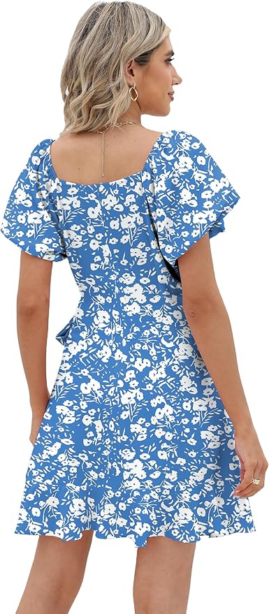 Sampeel Womens Summer Dresses Square Neck Puff Sleeve Tie Waist Short Dress