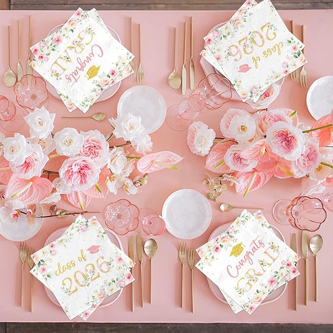 50Pcs Congrats Grad Party Napkins - Floral Graduation Party Decorations Pink Class of 2026 Graduation Paper Napkins for College High School Party Supplies