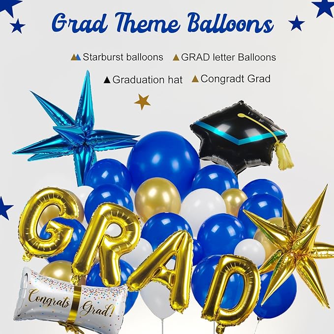 120PCS Graduation Balloon Garland Arch Kit with Graduation Cap Certificate Letter Star Mylar Foil Balloons for Class of 2026 Grad Prom Decorations Supplies (Blue Gold White)