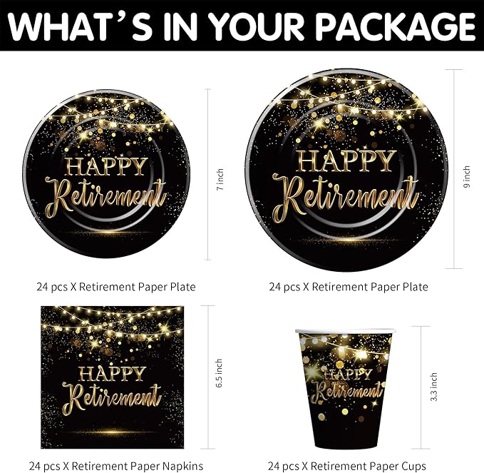 Retirement Decorations Party Supplies, Gold Black Happy Retirement Party Decorations Tableware For Men Women, Paper Plate, Napkin, Cup, Cutlery, Tablecloth, 24 Guests