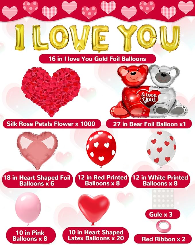Valentines Balloon Kit Decor with I Love You Balloons, Heart Balloons with 1000 Pcs Silk Red Rose Petals for Valentines Day Galentines Party Decorations Proposal Wedding Anniversary Decor