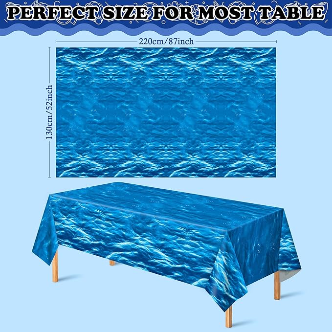 OHOME 2 Pack Beach Party Decorations - Ocean Waves Plastic Tablecloth for Pool Party Decorations - Sea Water Print Table Cover for Summer Birthday Beach Theme Blue Backdrop Banner