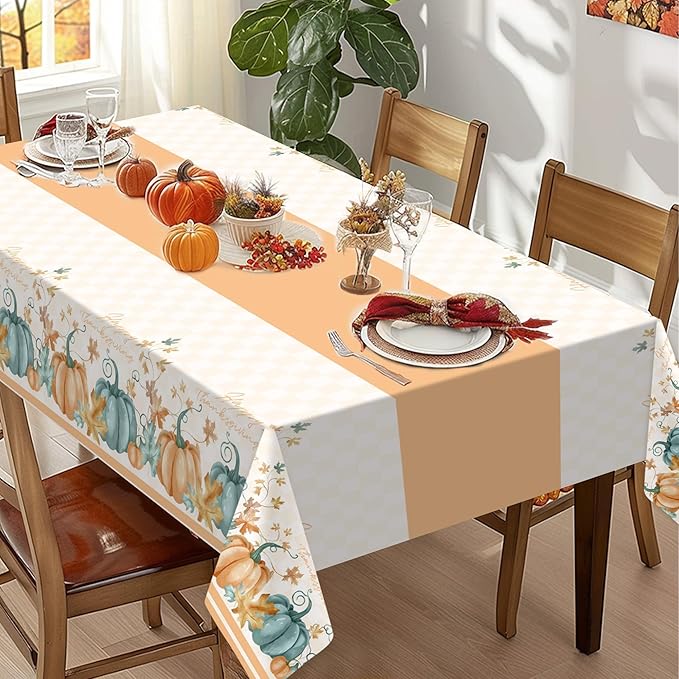 Childom 2 PCS Thanksgiving Disposable Tablecloths,Thanksgiving Decorations 54 x 108 Inch Orange Pumpkin Maple Table Cloths Plastic Table Cover for Rectangle,Home,Parties,Outdoor Picnic,Baby Showering