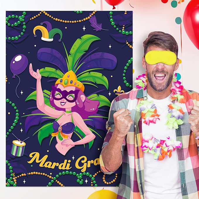 Mardi Gras Pin the Mask On the Dancer Party Game Large Poster with 24 Pcs Stickers Blindfolds Fun Masquerade Activity for Fat Tuesday New Orleans Carnival Birthday Party Decorations Wall Decor
