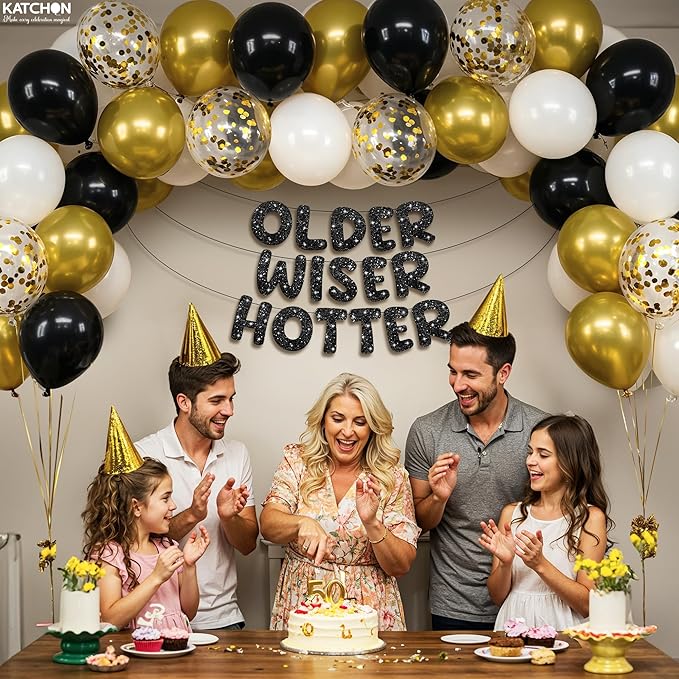 KatchOn, Older Wiser Hotter Birthday Decorations – Pack Of 51 | Black Happy Birthday Decorations Banner, Balloon Arch kit | Birthday Decorations for Men, Women | 60th 70th 50th Birthday Decorations