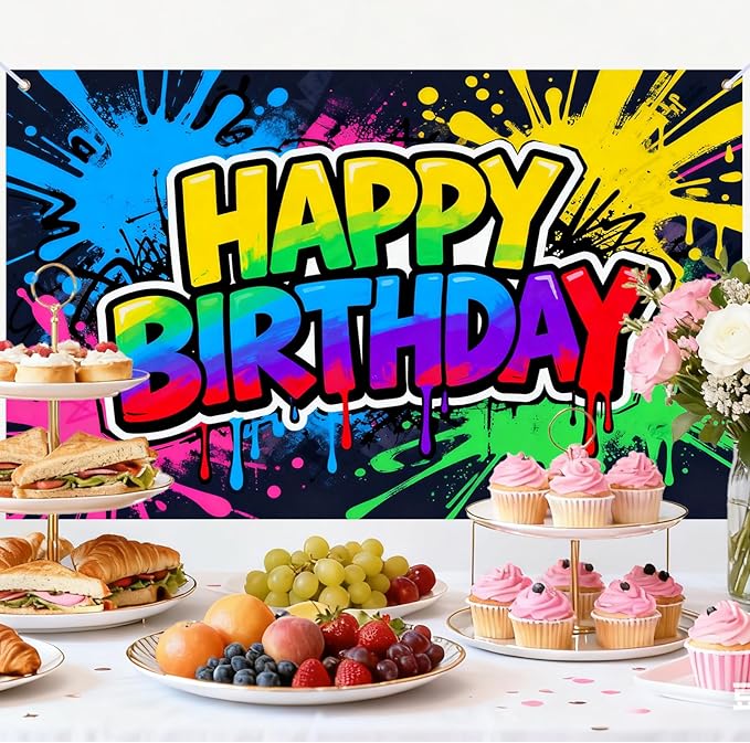 Rainbow Graffiti Splatter Happy Birthday Banner, Large Art Backdrop for Teen Party Indoor Outdoor Decor