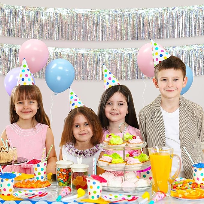 4 Packs Foil Fringe Garland Tinsel Streamers Shiny Wall Hanging Birthday Banner Backdrop for Graduation Wedding Anniversary Celebration Happy Birthday Party Decorations Glitter Silver