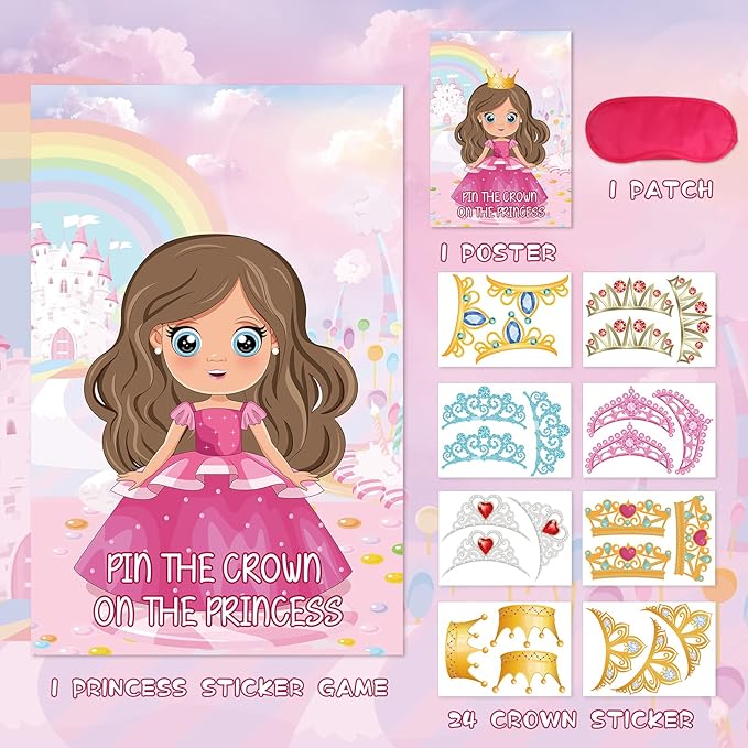 Hooqict Pin The Crown on The Princess Party Games for Kids Girls Princess Birthday Party Decorations Tea Party Favors Supplies, Large Pin The Tail Games Poster with 24 Crown Stickers
