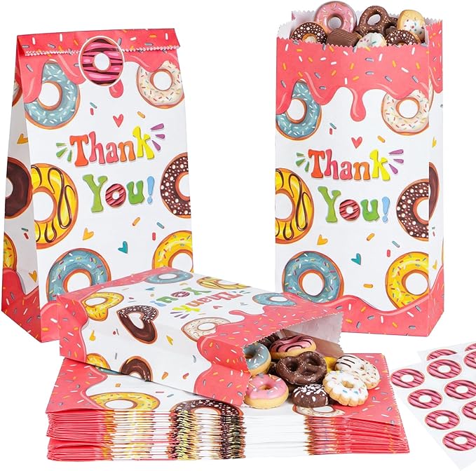 VGOODALL 24PCS Donut Party Favor Bags, Paper Gift Bags Goodie Bags with Stickers Candy Bags for Kids Birthday Party