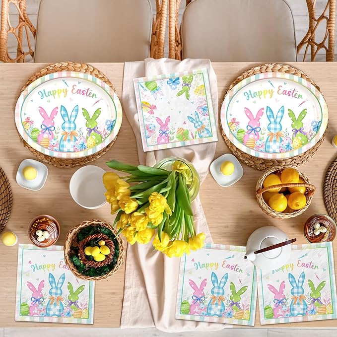 Easter Plates and Napkins,Oval Easter Paper Plates and Napkins 100pcs Oval Bunny Plate and Napkin for easter Party Supplies,Serves 50