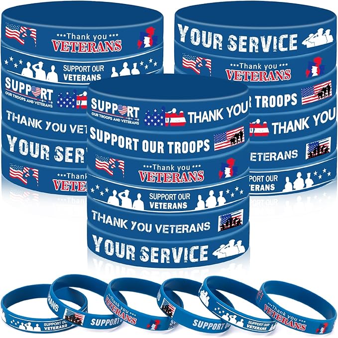 JUNEBRUSHS 42pcs Veterans Silicone Wristband Bulk, American Flag Inspirational Rubber Bracelets for Veteran Memorial Day Inspirational Favor Charity Campaign Supplies