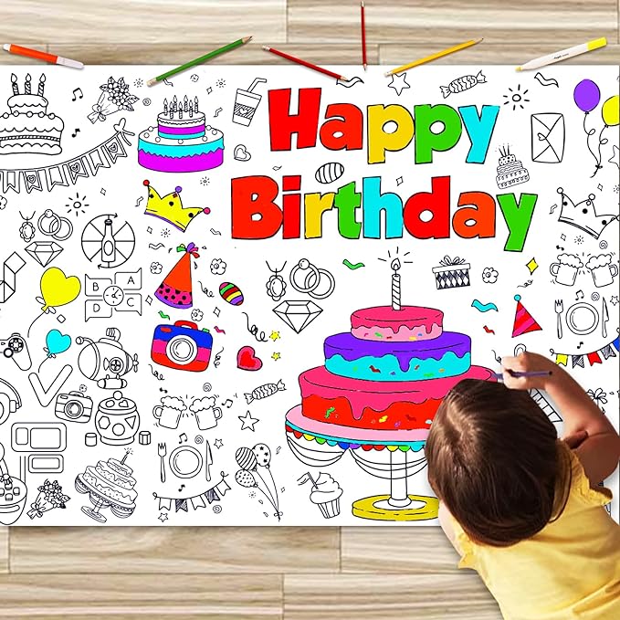 JUNQIU Happy Birthday Coloring Tablecloth, 72 * 31Inch Giant Coloring Poster for Kids, Color Paper Roll for Party Activities/Game/Birthday Party Games/Birthday Crafts for Kids