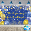 Blue Gold The Beginning of A New Chapter Backdrop Banner Photography Background Hanging for Graduation Party Decorations Class of 2025 Happy Retirement Going Away Party Supplies 72.8 * 43.3in