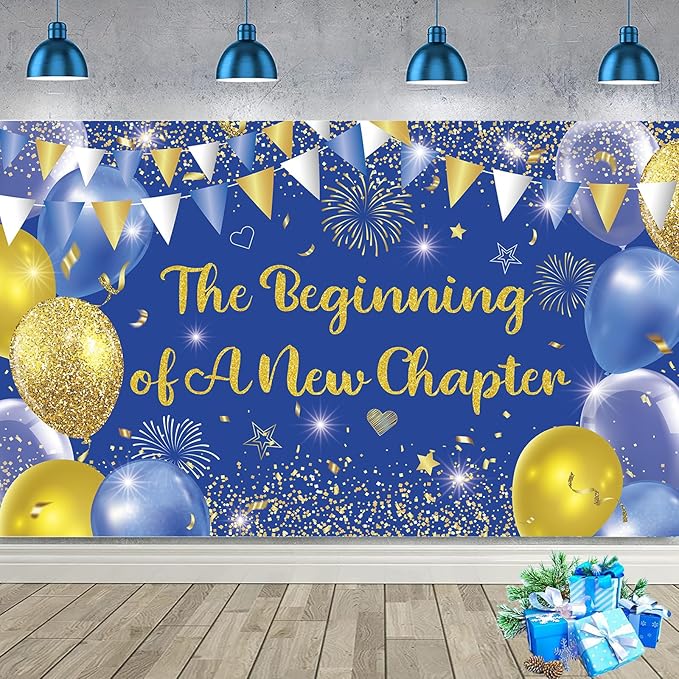 Blue Gold The Beginning of A New Chapter Backdrop Banner Photography Background Hanging for Graduation Party Decorations Class of 2025 Happy Retirement Going Away Party Supplies 72.8 * 43.3in
