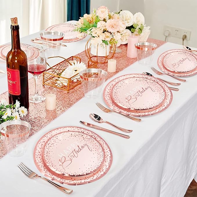 175PCS Happy Birthday Plates and Napkins Party Supplies, Paper Pink and Rose Gold Plastic Forks Knives Spoons Serve 25 Guests for Girl Women