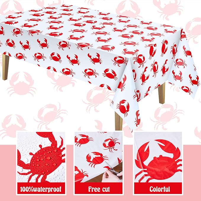 Juexica 2 Pcs 54 x 108 Inch Crab Boil Party Table Cloth Summer Seafood Party Supplies Plastic Crab Tablecover Decorations Rectangular for Sea Animals Dining Kitchen Centerpiece