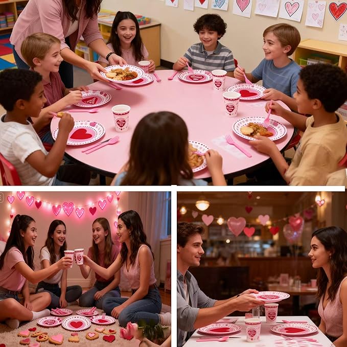 Valentines Day Paper Plate Tableware Set - 177 pcs Heart and Love Disposable Dinnerware with 2 Tablecloth - Red Paper Plates Napkins Cups for Valentines Day Kids School Office Party Supply