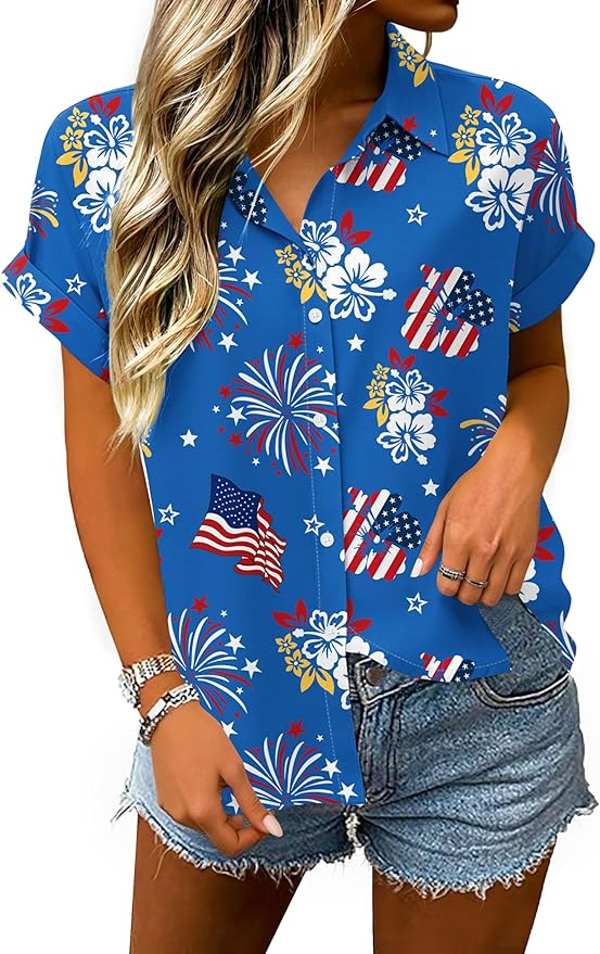 4th of July Shirts Women American Flag Patriotic Shirt Independence Day Short Sleeve Button Down Outfits