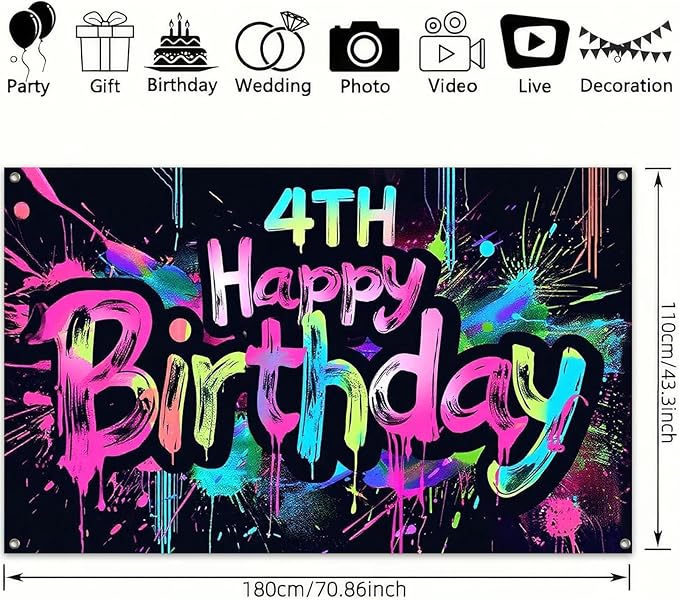 Neon 4th Birthday Party Banner 71x43 Inch Paint Splatter Walls Decor for Kids Boys Girls Four Years Celebration Photo Booth Dynamic Background Glow in The Dark Backgrounds