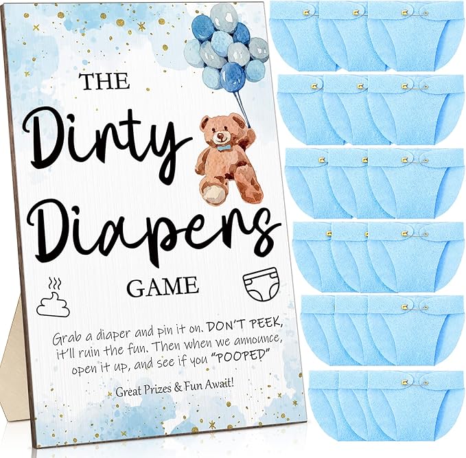 Roowest 51 Pcs Dirty Diaper Baby Shower Games Funny Wooden Sign with 50 Pcs Mini Diapers Cute Felt for Gender Reveal Party Baby Shower(Bear Blue)