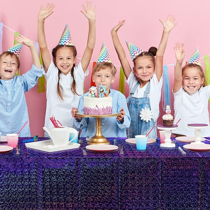 FunnyPars 8 Pack Iridescent Plastic Tablecloths Shiny Disposable Laser Rectangle Table Covers Holographic Foil Tablecloth Iridescent Kpop Birthday Bridal Wedding Party Decoration, 54"x108"(Purple)