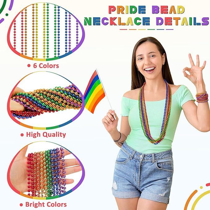 120PCS Pride Month Beads, Pride 6 Kinds Beads Necklace Accessories Bulk, Rainbow Metallic Gay Lesbian LGBTQ Bead Necklace, LGBT Beaded Costumes Decorations for Parade Throws Party Favors