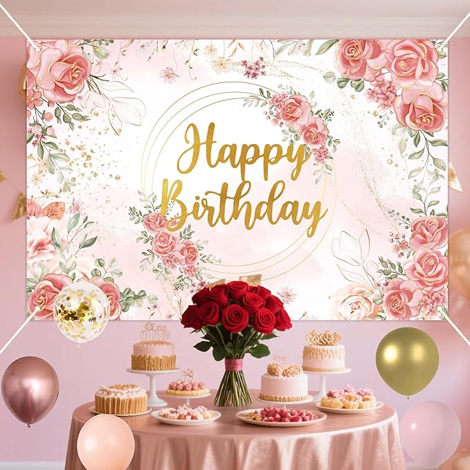 Rose Gold Floral Birthday Decorations for Women,Balloon Garland Kit, Pastel Nude Pink Metallic Matte White Balloons with Gold RoseGold Confetti for Princess Girl Party