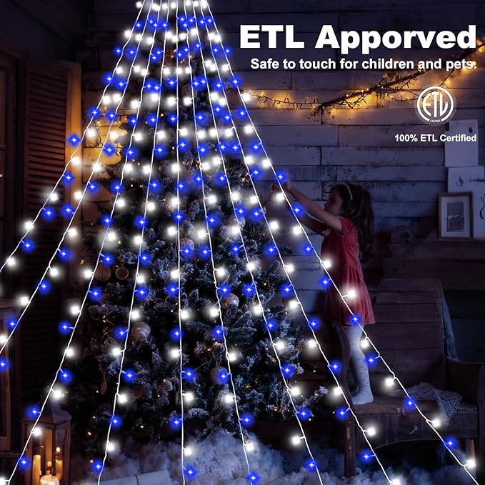 Christmas Decorations Outdoor,11.5 ft 317 LED Star Christmas Tree Lights,8 Memory Lighting Modes&Timer Star Light for Yard,Wedding,Party, Decorations(Blue+White)