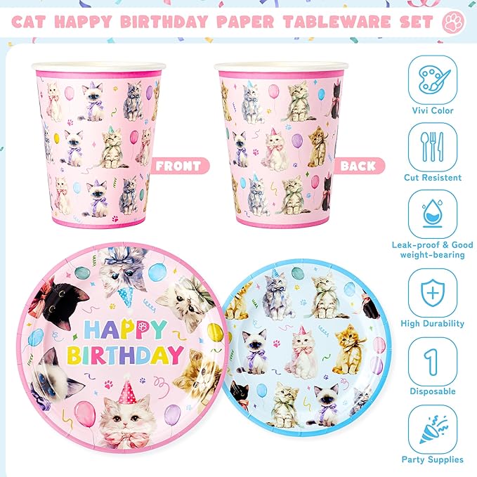 Cats Happy Birthday Party Plates Set, 144PCS Cats Themed Paper Plates Napkins Cups Knives Forks, 24 Set Blue Pink Disposable Tableware Set for Birthday Party Supplies