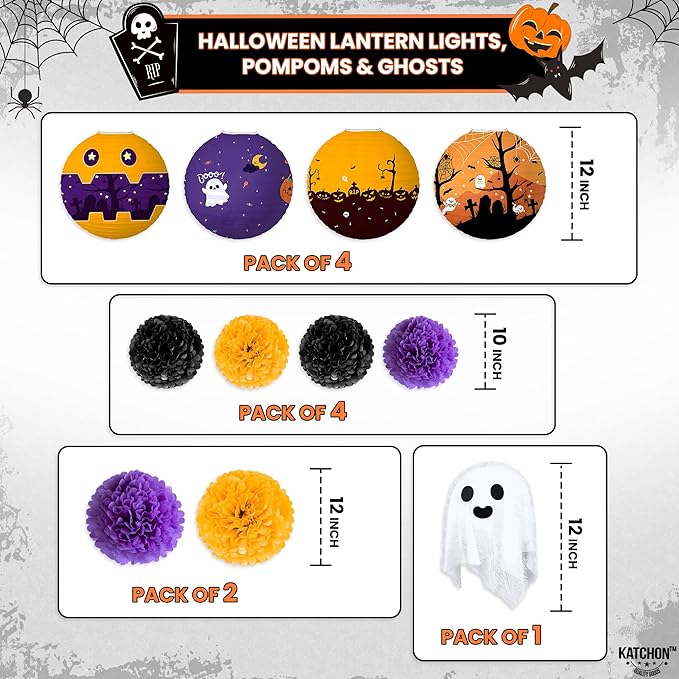 KatchOn, Hanging Halloween Decorations Set - Pack of 14 | Purple and Black Theme Party Supplies | Halloween Party Decorations for Wall | Happy halloween Banner, Sign for Spooky Decor