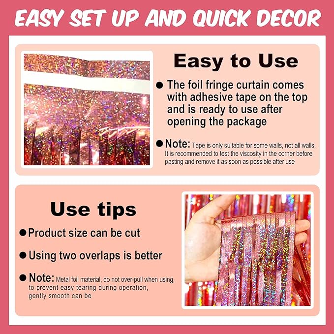 6 Pack Rose Gold Foil Fringe Curtains Backdrop, 3.28 x 8.2 Ft Metallic Streamers Tinsel Curtains Background for Photo Booth, Birthday, Christmas, Halloween, Thanksgiving, New Year Party Decorations