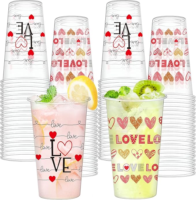 50pcs 16oz Valentine's Day Disposable Cups, Wedding Disposable Clear Plastic Cups for Wedding Anniversary Party Decorations, Suitable for Iced Coffee, Hot Cocoa, Chocolate, Valentine's Day Love Theme