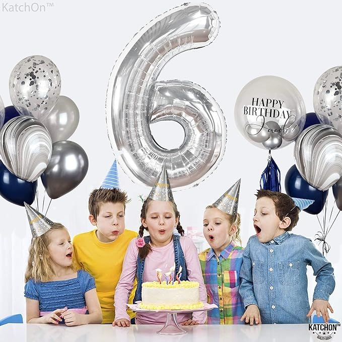 KatchOn, Giant Silver Number 6 Balloon - 40 Inch | 6th Birthday Balloons for 6th Birthday Decorations | 6 balloons for Birthday | Six Balloon Number | 6 Year Old balloon for 6 Year Decorations