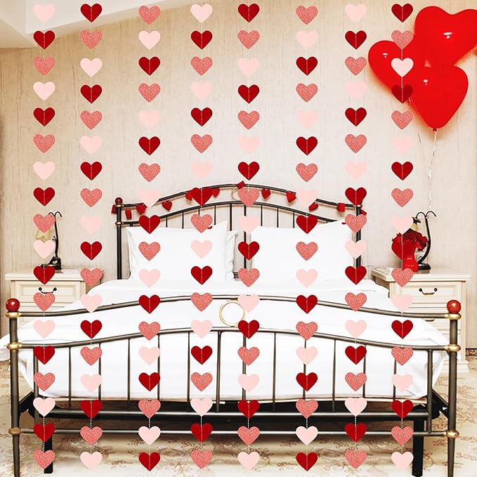 Valentines Day Decorations,Rose Gold Pink and Red Party Decorations Garland - 52Ft -Pack of 4-Heart Paper Streamers Banner for Valentines Mothers Day Bachelorette Bridal Shower Engagement Wedding
