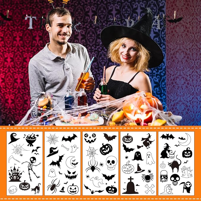 XZENTIRA 182 PCS Halloween Waterproof Temporary Tattoo Stickers 15 Sheets Bat Spider Fake Tattoos for Adults and Halloween Decorations, Trick or Treat Gifts and Makeup Decorations