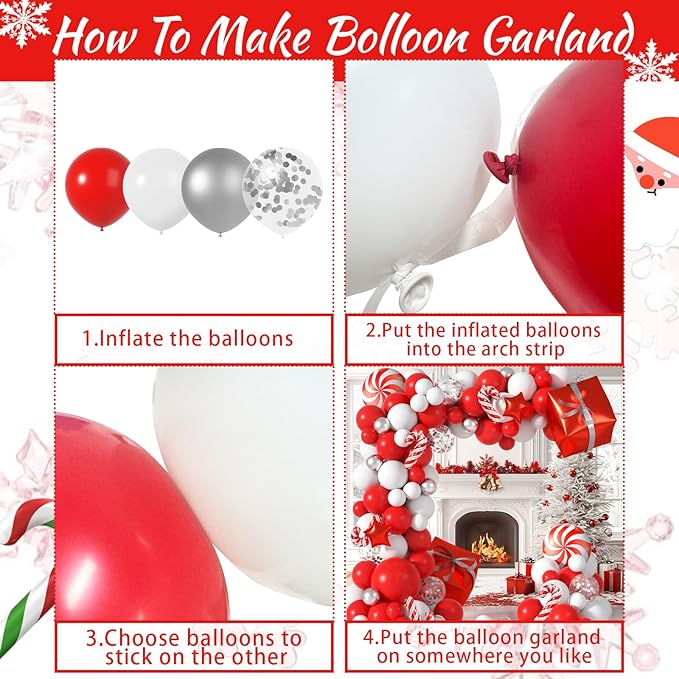 144Pcs Xmas Balloons Arch Kit Christmas Decorations of Candy Cane Red Windmill Stars Gift Box Foil Balloons, Silver Confetti and Red White Balloon Garland Arch for Holiday Xmas Party Decor