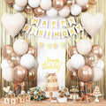 White Sand Gold Birthday Decorations,Happy Birthday Banner with Beige Cream Balloon Heart Foil Balloons Gold Fringe Curtain for Women Men Boho Baby Shower Party Decor