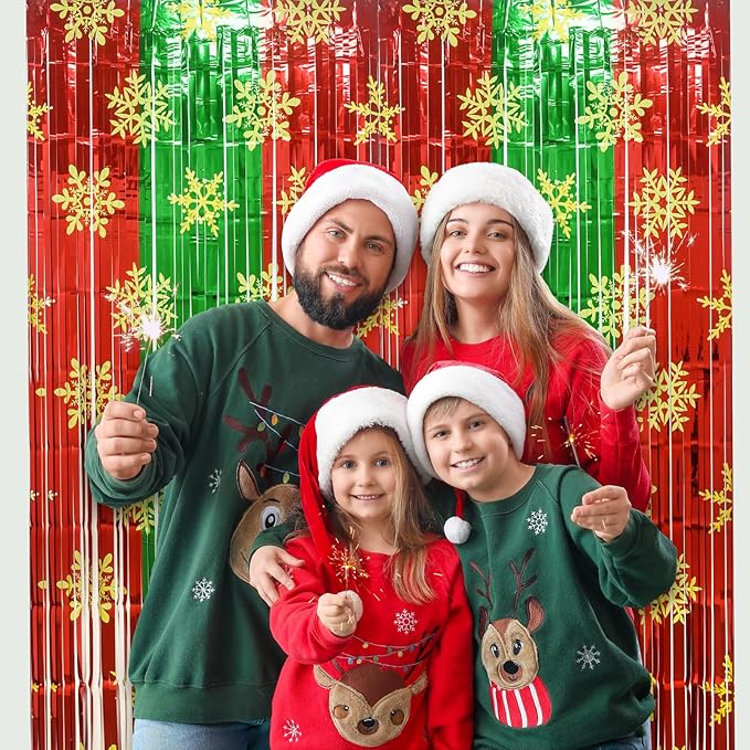Christmas Party Decorations - 2 Pack Foil Fringe Curtains 3.3 X 6.6 ft Red Green Snowflake Tinsel Streamers Photo Backdrop for New Year, Ugly Sweater Party Decor